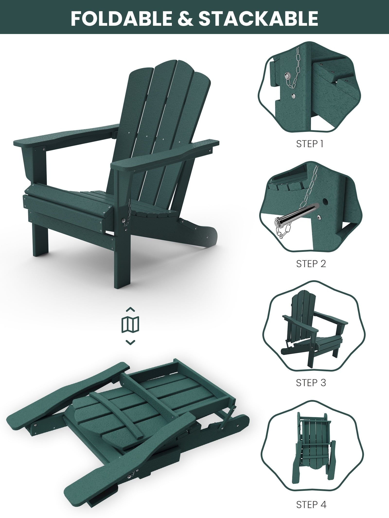 Folding Outdoor Patio Plastic Adirondack Chair for Garden, Green