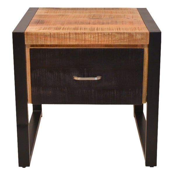 24 Inch Single Drawer Wooden Side Table with Metal Frame， Brown and Black