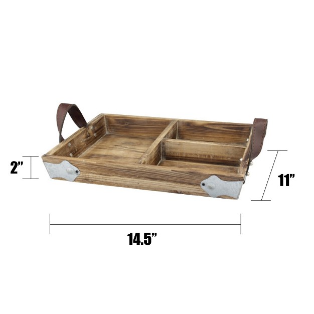 X 11 quot Rustic Divided Wood Tray With Leather Handles Brown Stonebriar Collection