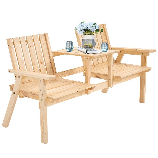 Outsunny Wooden Garden Bench With Umbrella Hole amp Middle Table Outdoor Loveseat With Weather fighting Material 2 Person Chair For Garden Patio Balcony