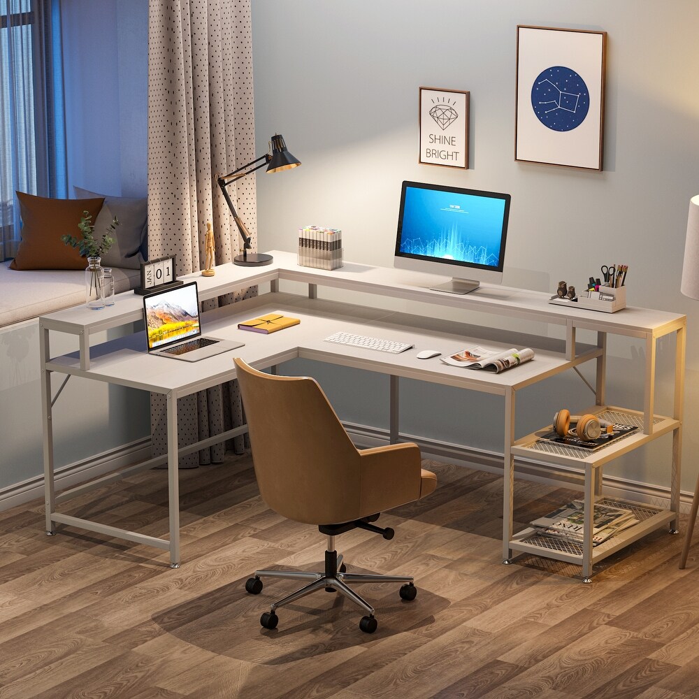 Reversible L Shaped Desk with Monitor Shoelf  Large Computer Desk for Office Home