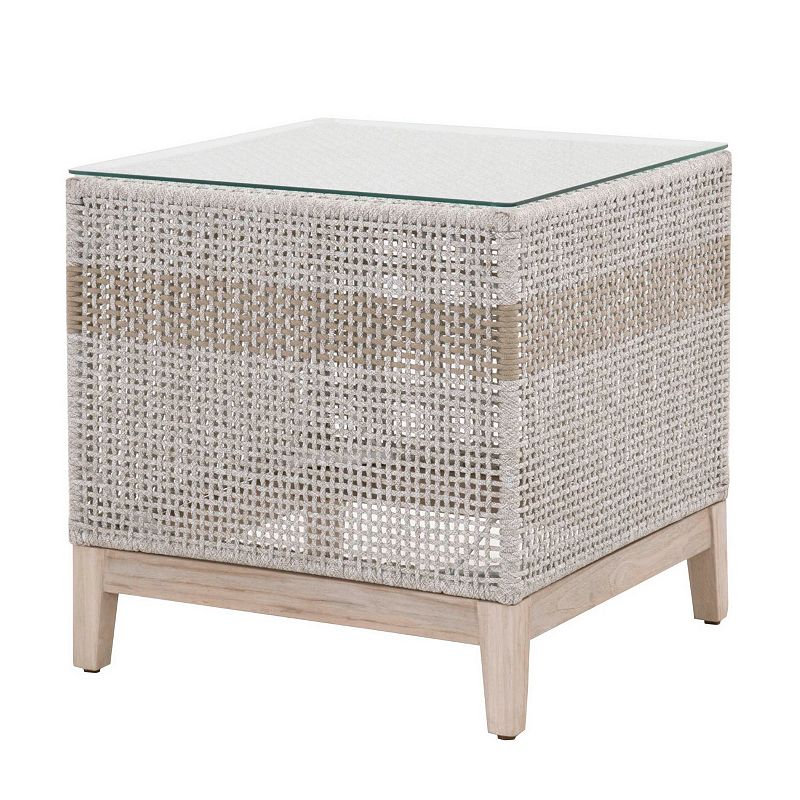 Glass Top End Table with Interwoven Rope Design Frame， Gray and Brown