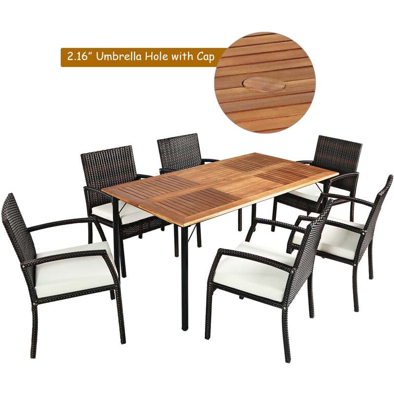 7 Pcs Rattan Patio Dining Set with Umbrella Hole, Acacia Wood Tabletop, Cushioned Chairs