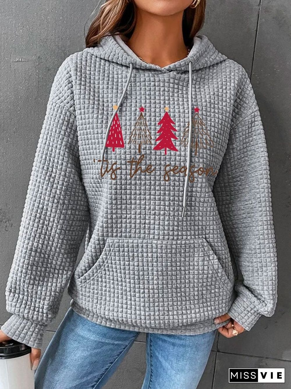 Women's Christmas Tree 'Tis The Season' Print Waffle Hoodie