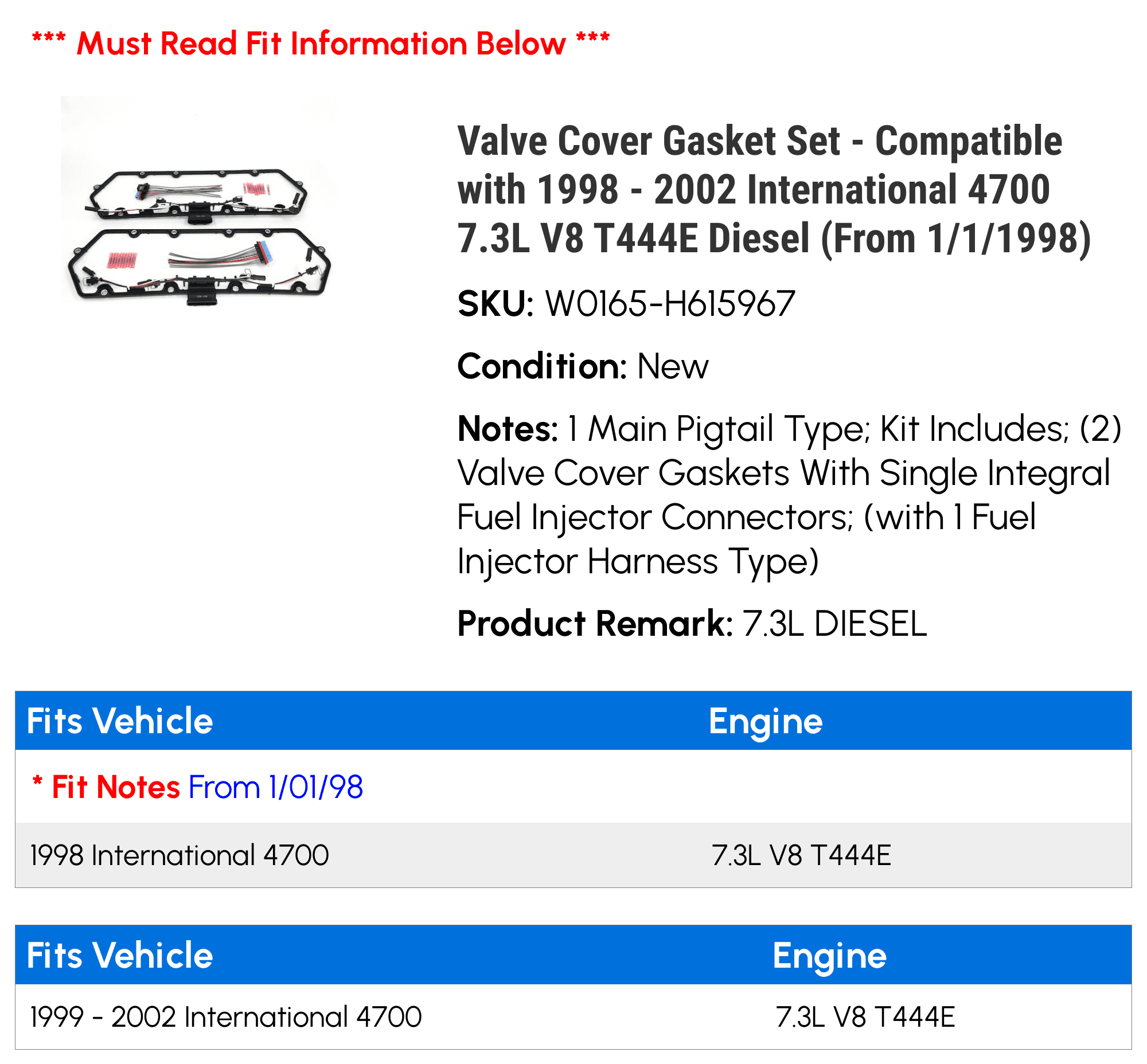 Valve Cover Gasket Set - Compatible with 1998 - 2002 International 4700 7.3L V8 T444E Diesel (From 1/1/1998) 1999 2000 2001