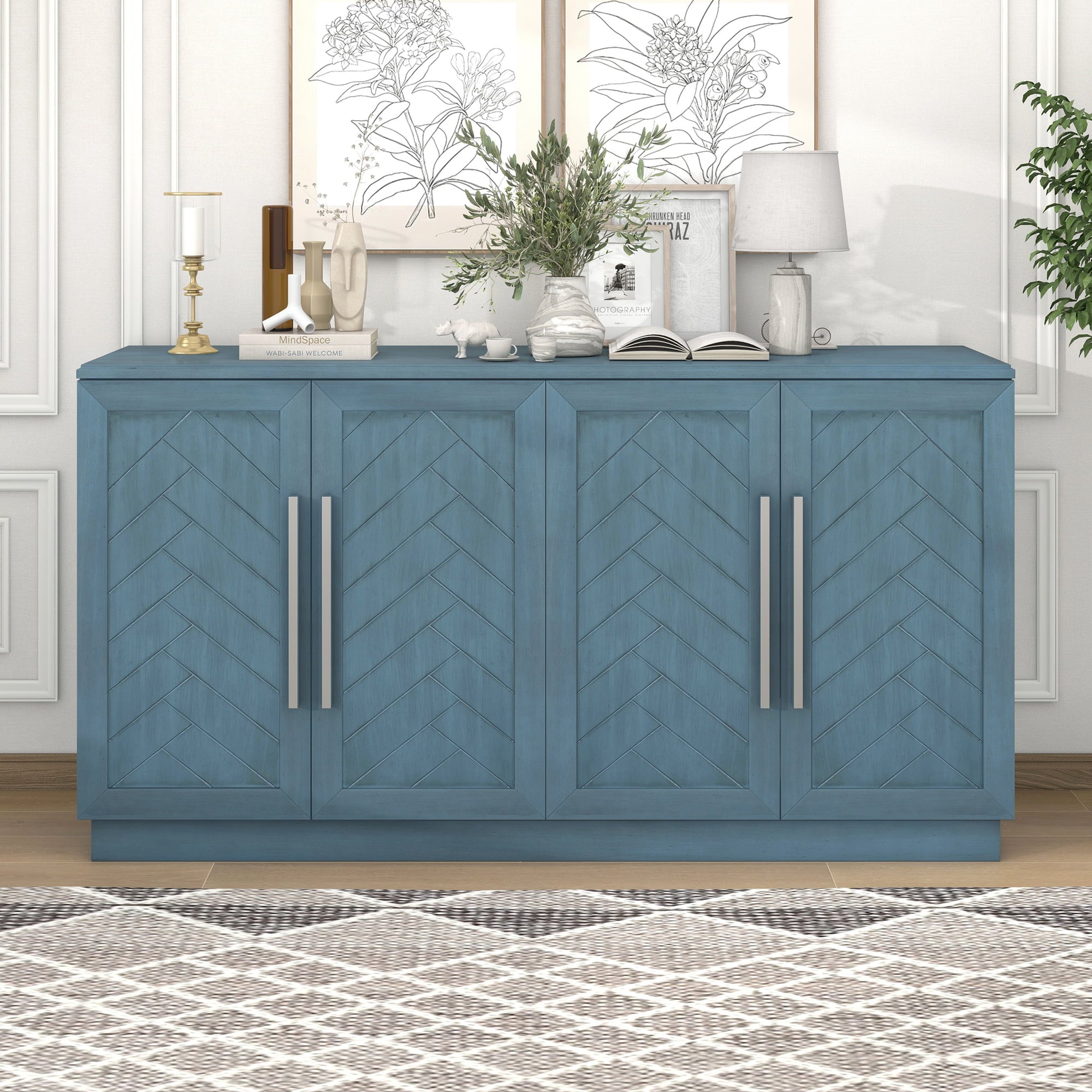 Buffet Sideboard， KAMIDA Storage Cabinet， Buffet Cabinet， Farmhouse Buffet Server Bar with 4 Doors and Adjustable Shelves， Heavy Duty Cabinet Furniture for Kitchen Dining Room Living Room， Blue