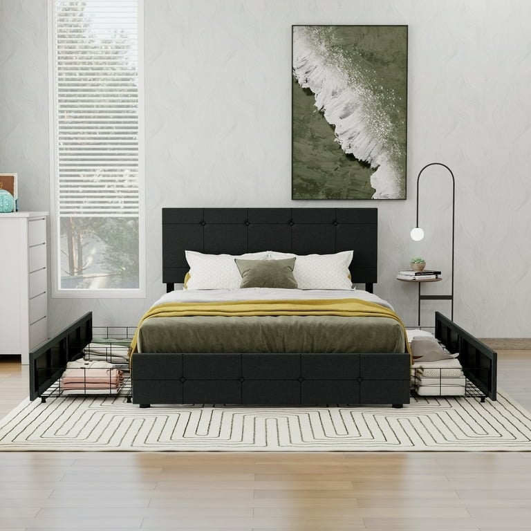 NNV Upholstered Platform Bed Frame with 4 Storage Drawers  Button Tufted Design