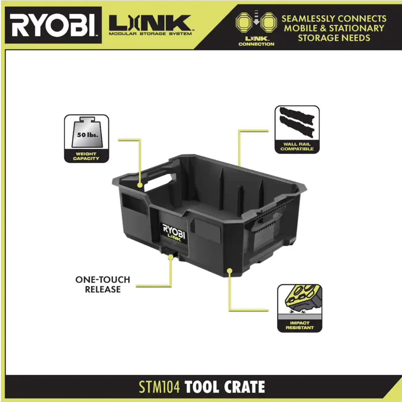 Ryobi LINK Tool Crate with LINK 7-Piece Wall Storage Kit and LINK Wall Rails (2-Pack)