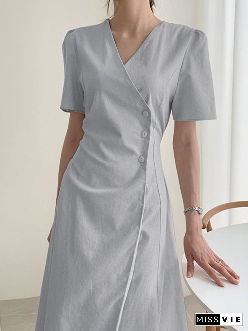 Solid Warp Button Front V-neck Short Sleeve Casual Dress