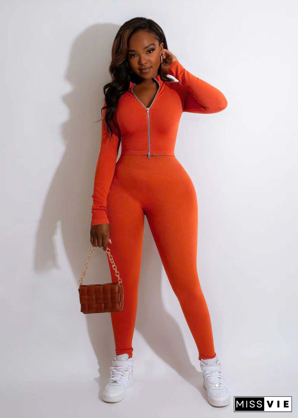 Solid Color Double Zip Top and Pants Two Piece Set