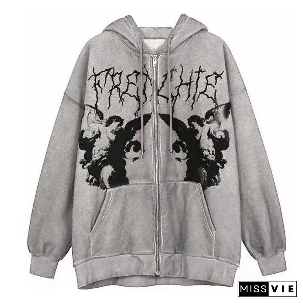 Women Hip Hop Streetwear Hooded Jacket Angel Dark Print Jacket Coat Harajuku Cotton Autumn Punk Winter Jacket Outwear Zipp 1027