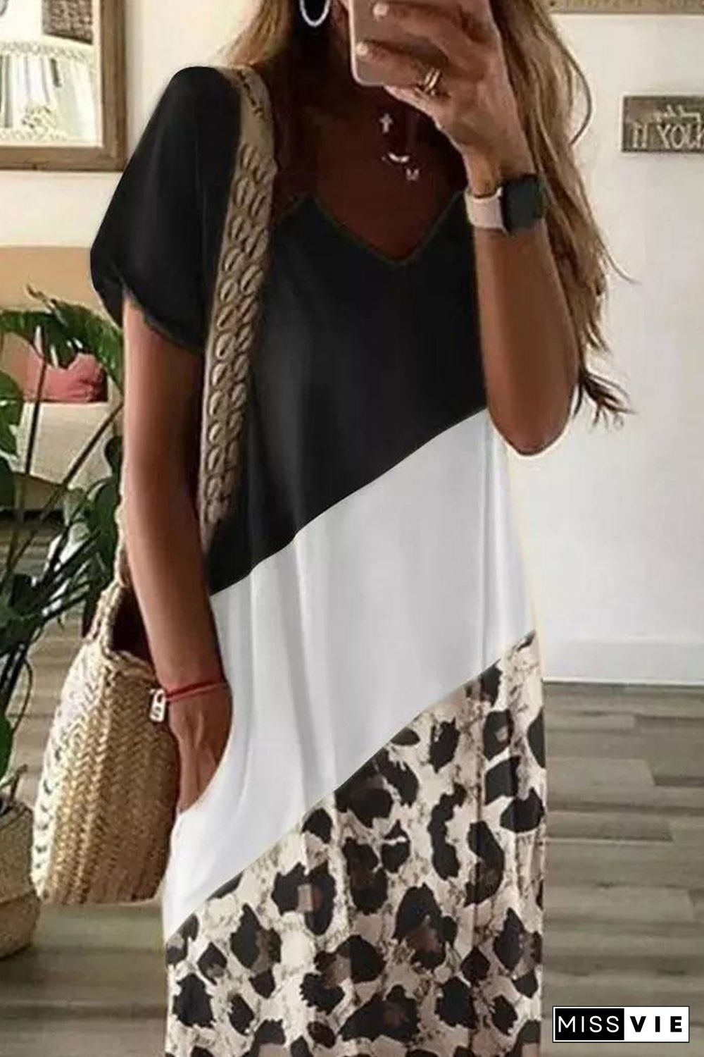 Black Leopard Color Block Side Slit T Shirt Maxi Dress