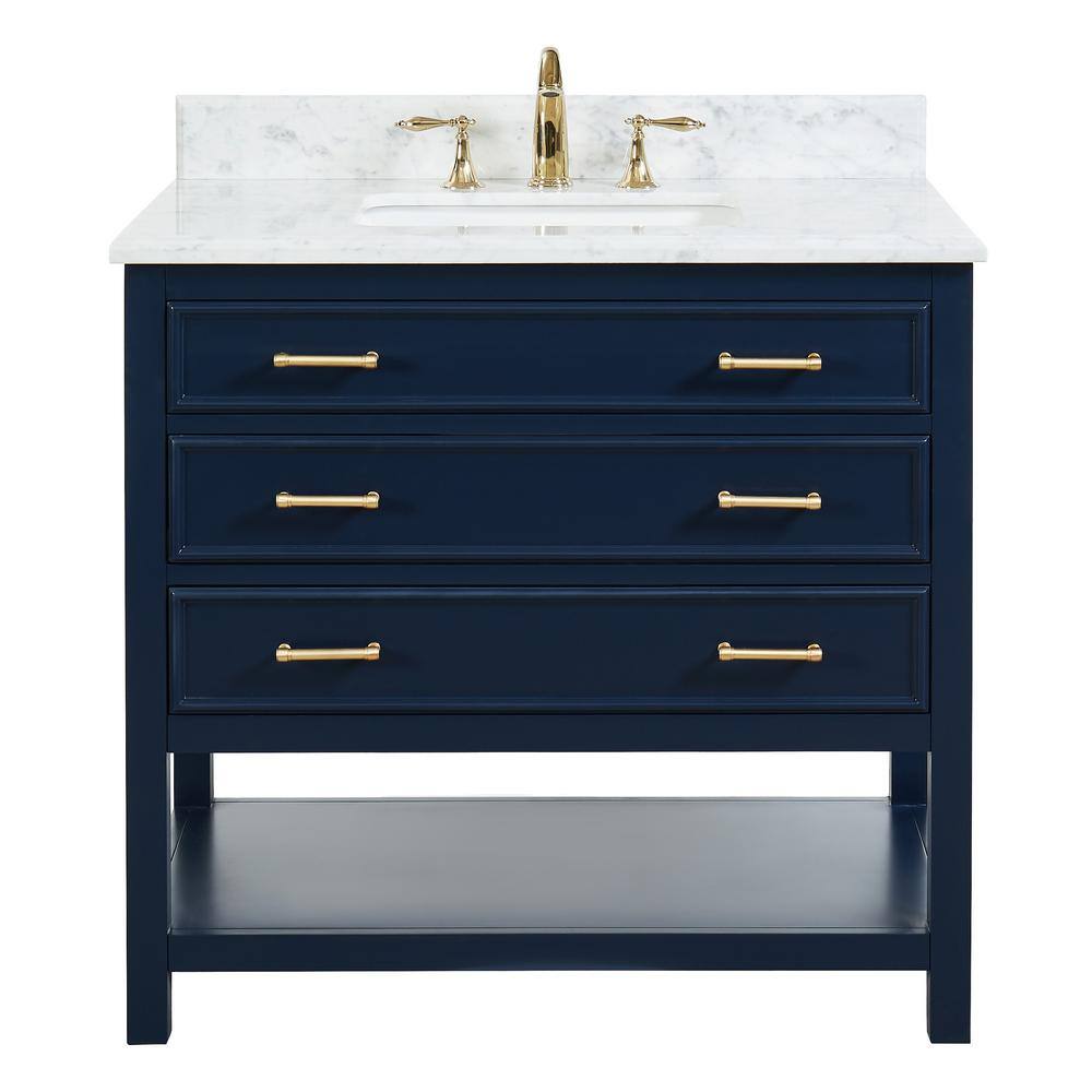 TILE  TOP Uptown 36 in.W x 22 in.D x34.75 in.H Bath Vanity in Navy Blue with Carrara Marble Vanity Top in White with White Basin TH0857