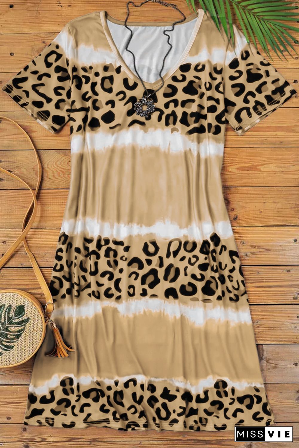 Yellow Leopard Color Block V-Neck T-shirt Dress