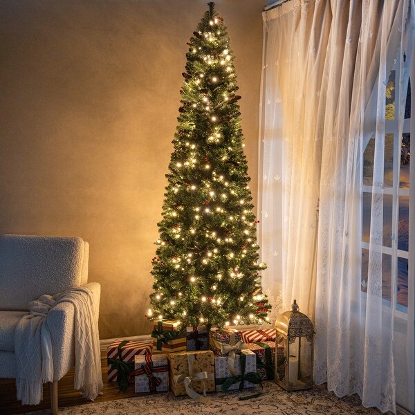 6.5ft Pencil Christmas Tree Prelit preDecorated with Pine Cones Red Berries 250 Warm Lights and Metal Stand