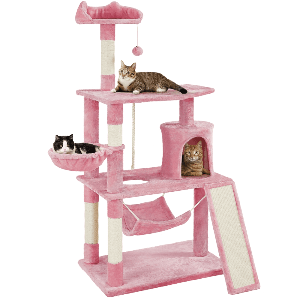 SMILE MART 63.5″H Multi Level Cat Tree Condo with Basket & Hammock & Scratching Post for Small/Medium Cats, Pink