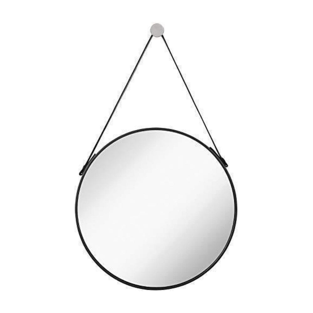 Hanging Black Leather Strap Metal Circular Wall Mirror with Chrome Accents (24