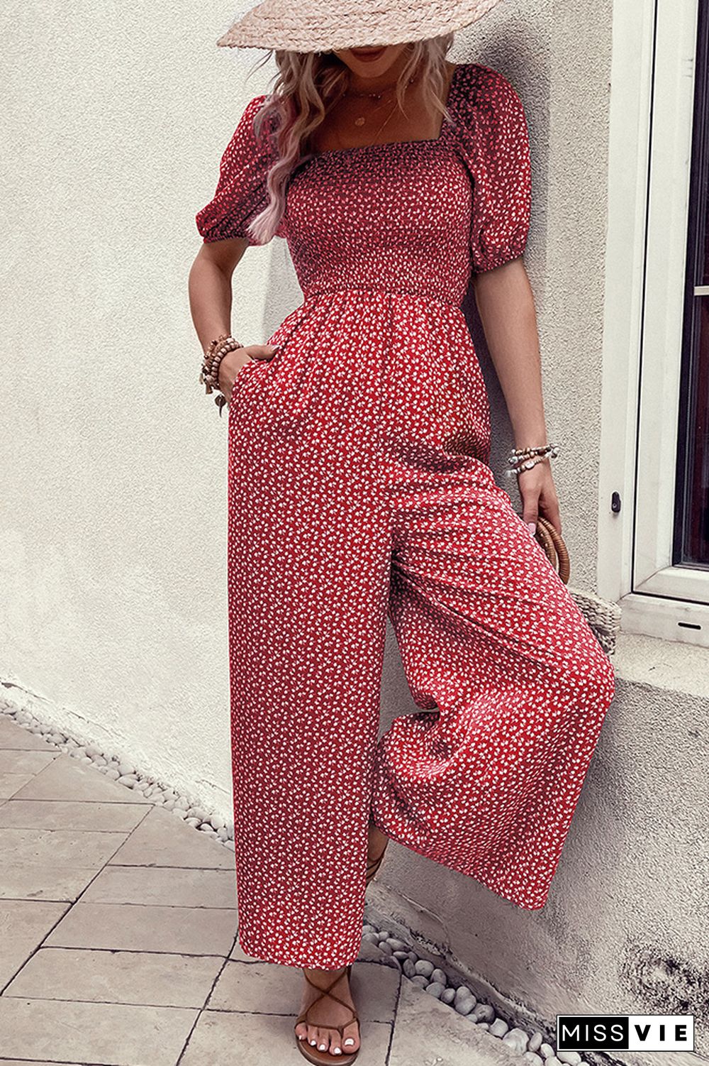 Printed Squared Neck Smocked Puff Wide Leg Jumpsuit