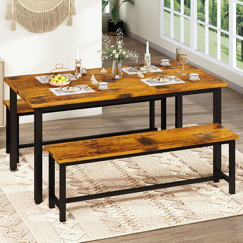 Industrial 3 Piece Dining Table Set  Retro Wood Kitchen Table Set with 2 Benches for Home Kitchen  Dining Room  Restaurant