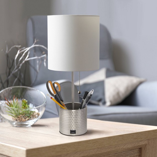 Hammered Metal Organizer Table Lamp With Usb Charging Port And Fabric Shade Simple Designs