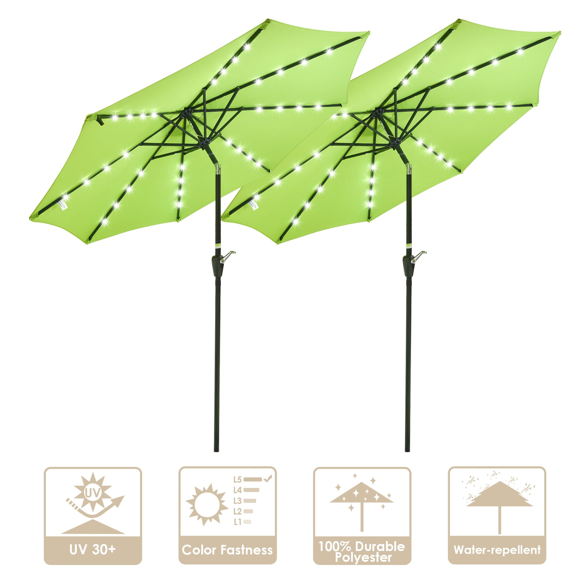 LAGarden 9 Ft 32 Solar Powered LED Light Outdoor Patio Umbrella with Crank Tilt for Table Market Pool Yard(Pack of 2)