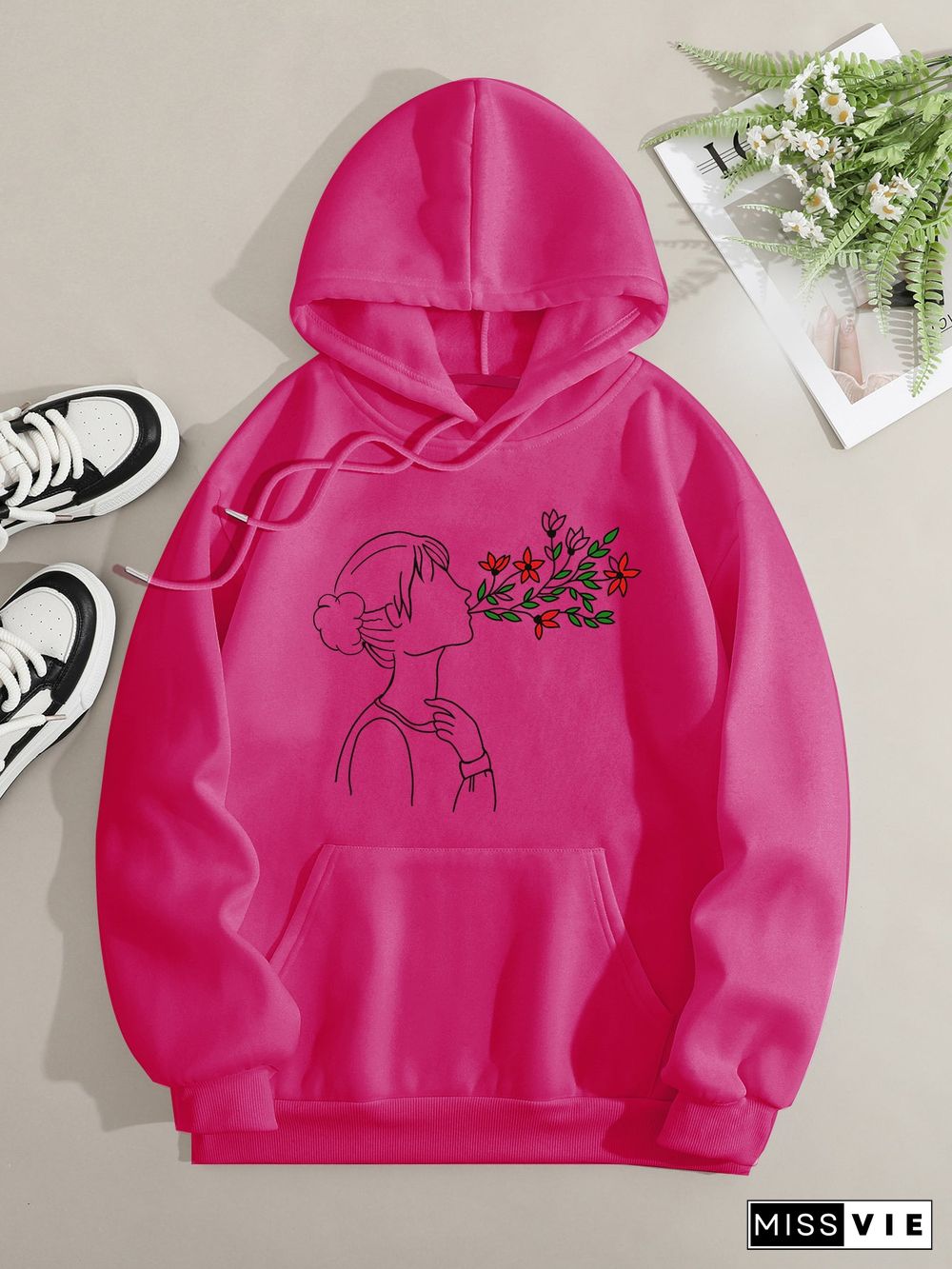 Printed on front Kangaroo Pocket Hoodie Long Sleeve for Women Pattern Seeing with Flowers