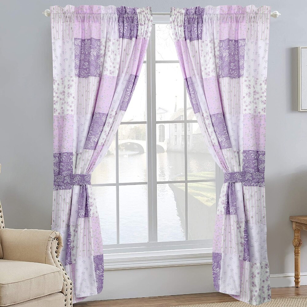 Lilac Lavender Floral Patchwork Window Curtain Panel/Drapes with Tie Backs