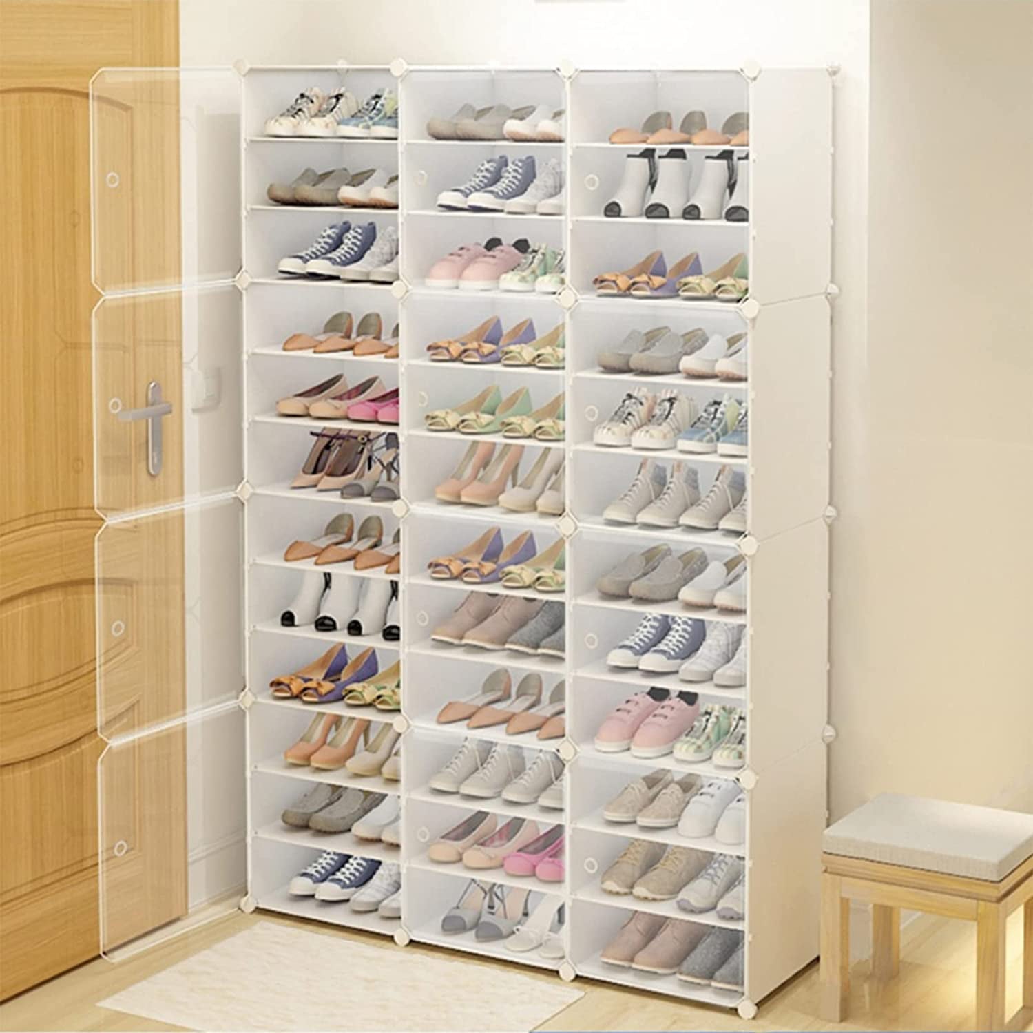 ANQIDI Dust-proof Shoe Rack Organizer 12-Tiers Stackable 72 Pairs DIY Shoe Storage Cabinets Stand Clear Plastic Shoe Boxes (3*12)