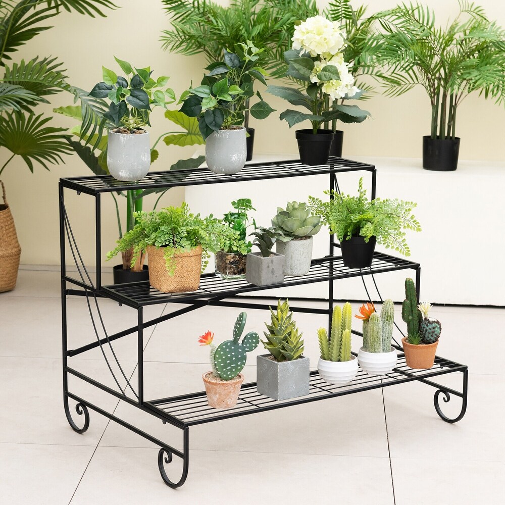 Gymax 3 Tier Metal Shelf Ladder Shaped Plant Stand Flower Pot Display