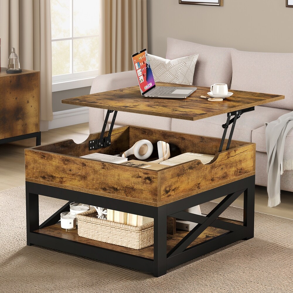 Moasis Farmhouse Lift Top Square Coffee Table with Storage and Shelf