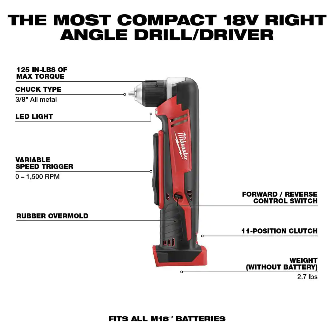 Milwaukee M18 18V Lithium-Ion Cordless 3/8 in. Right-Angle Drill (Tool-Only)