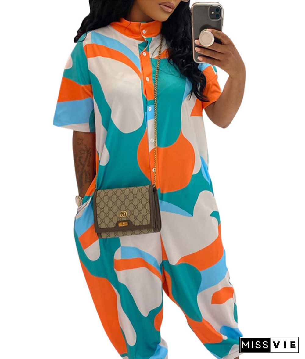 Button Down Short Sleeve Abstract Print Jumpsuits