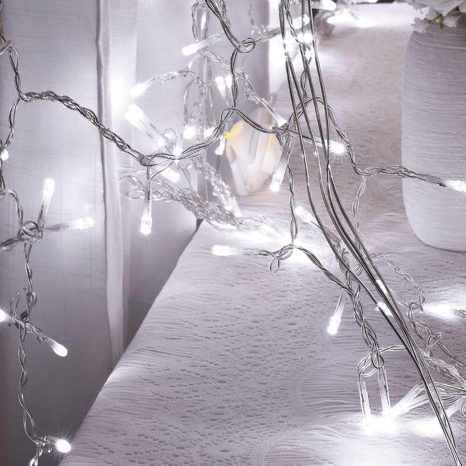 Cool White 300 LED Icicle Curtain Fairy String Lights with 8 Modes 10ft