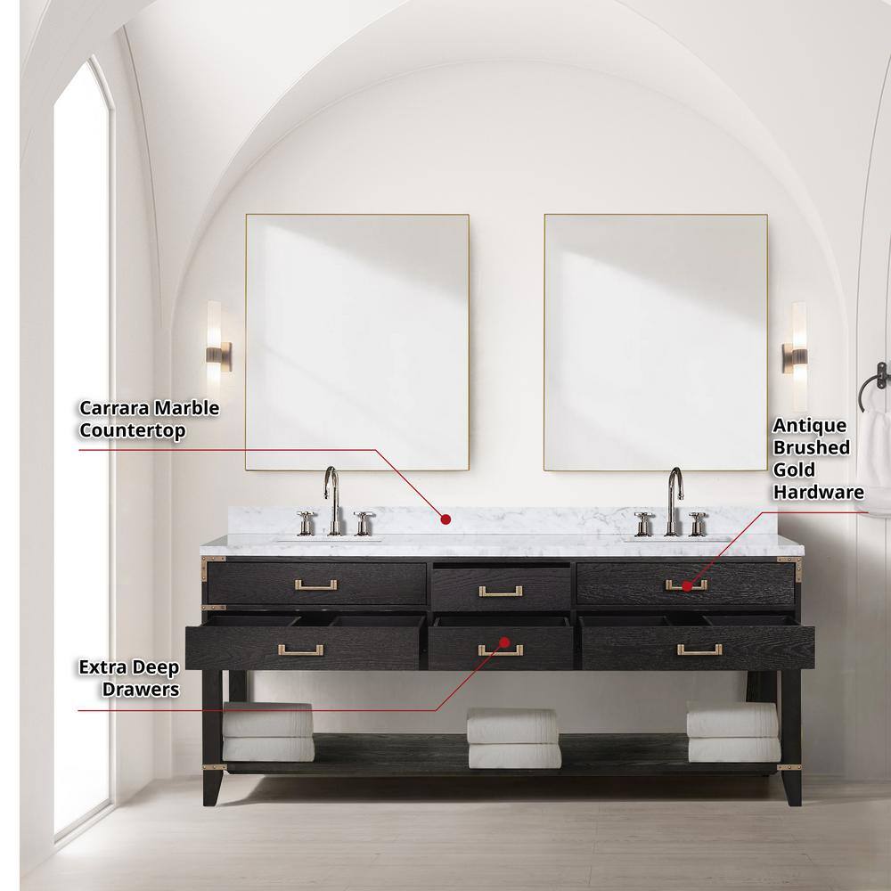 Lexora Irvington 80 in W x 22 in D Black Oak Double Bath Vanity Carrara Marble Top Faucet Set and 36 in Mirrors LVI80DJ111