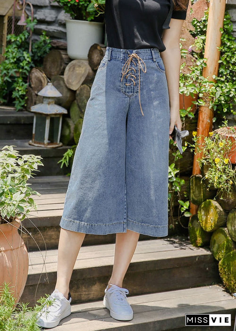 Denim Blue Pockets Cotton Wide Leg Crop Pants High Waist Cross Tie Waist Summer