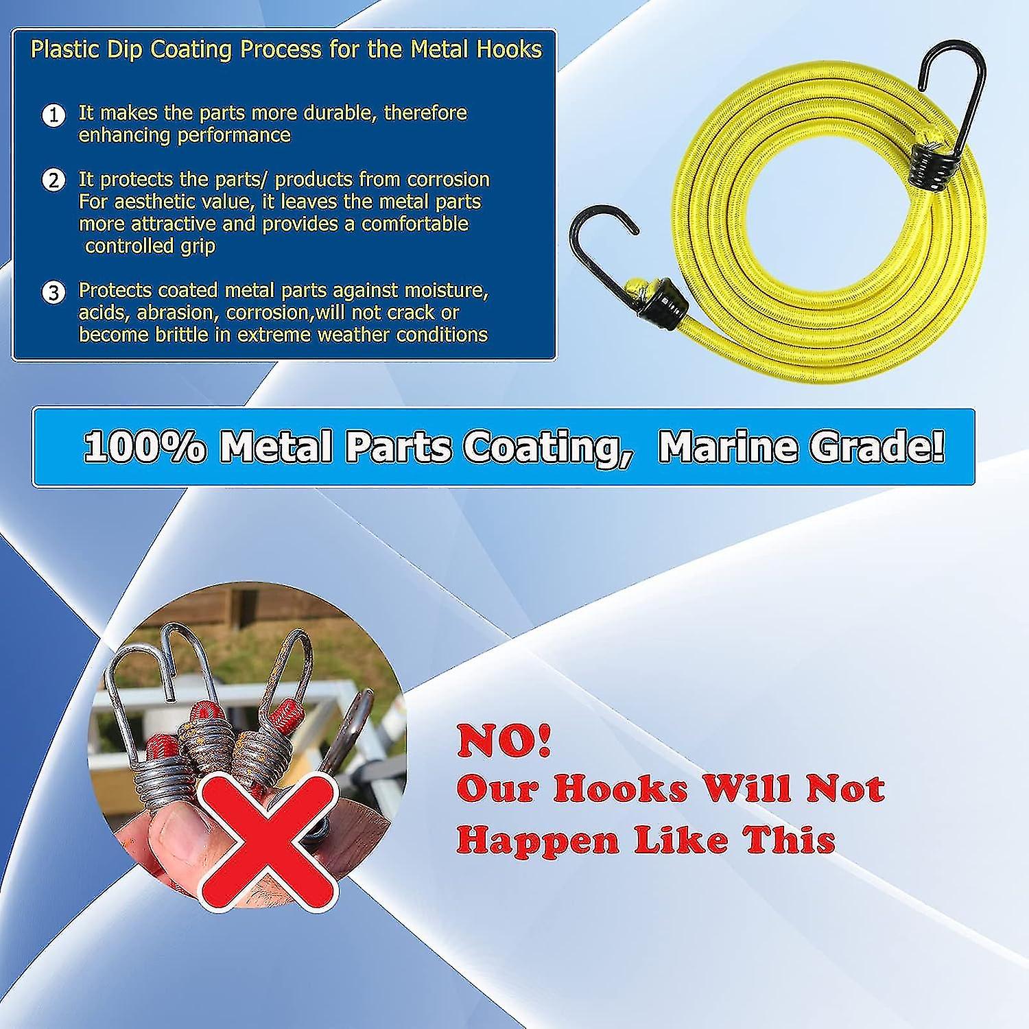 24 Inch Rubber Bungee Cord With Metal Hooks Plastic Coated，4-pack，yellow，marine Grade And Uv Resistant 10mm Shock Cord