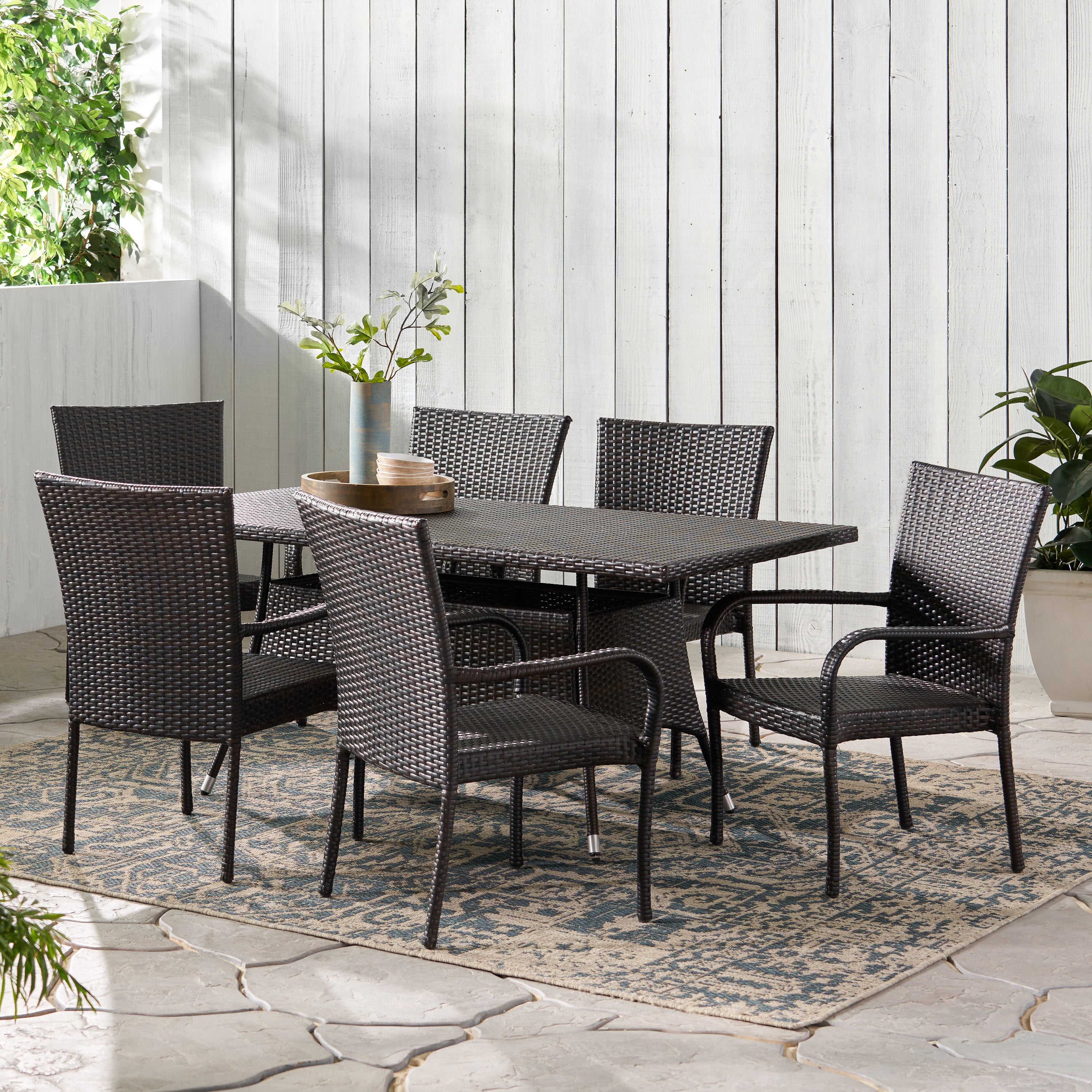 Kory Outdoor 7-Piece Multi-Brown Wicker Dining Set with Umbrella Hole