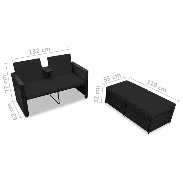 vidaXL 3 Piece Patio Lounge Set with Cushions Poly Rattan Black