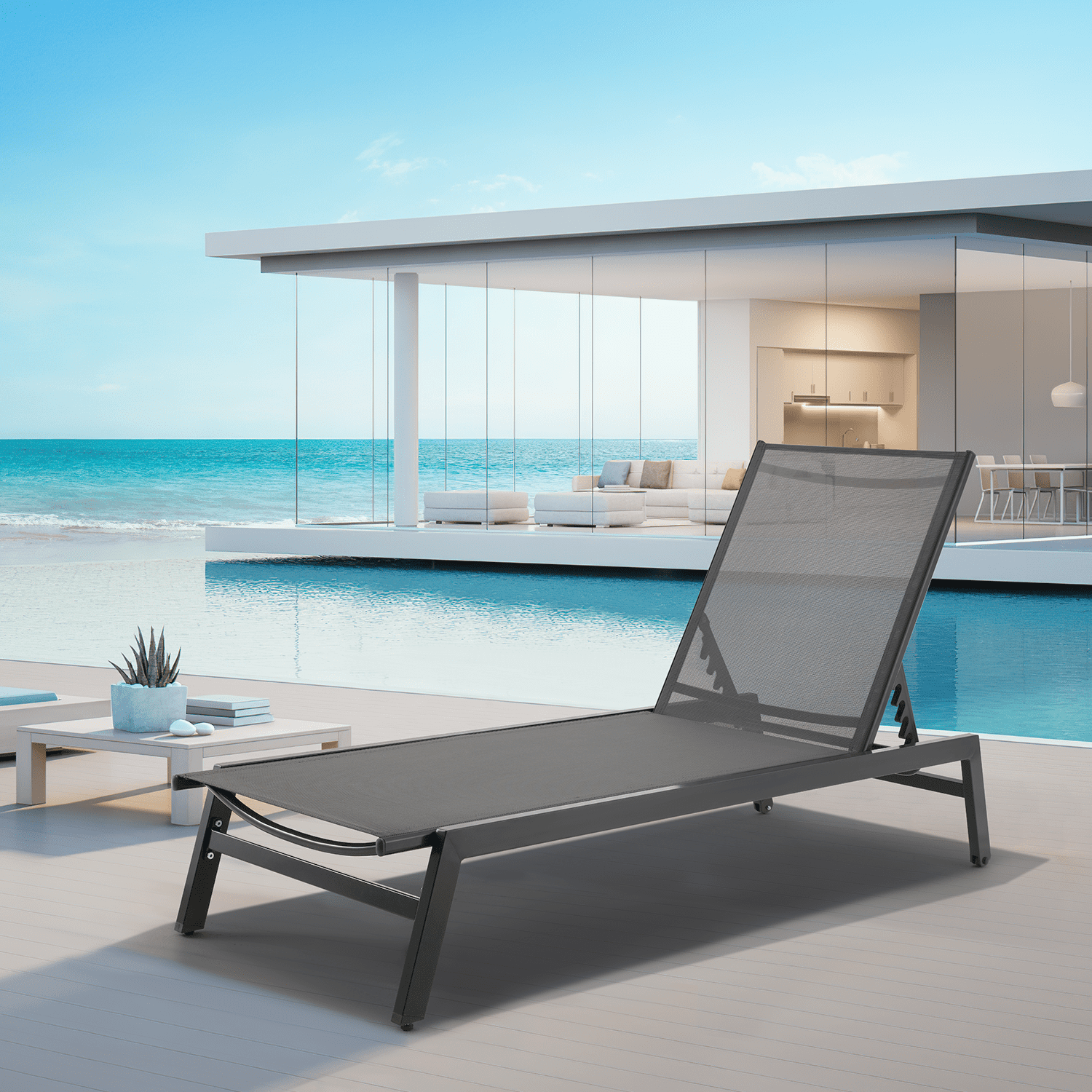 Mellcom Outdoor Chaise Lounge Chair with Wheels and Mesh Seat,Aluminum Reclining Chair