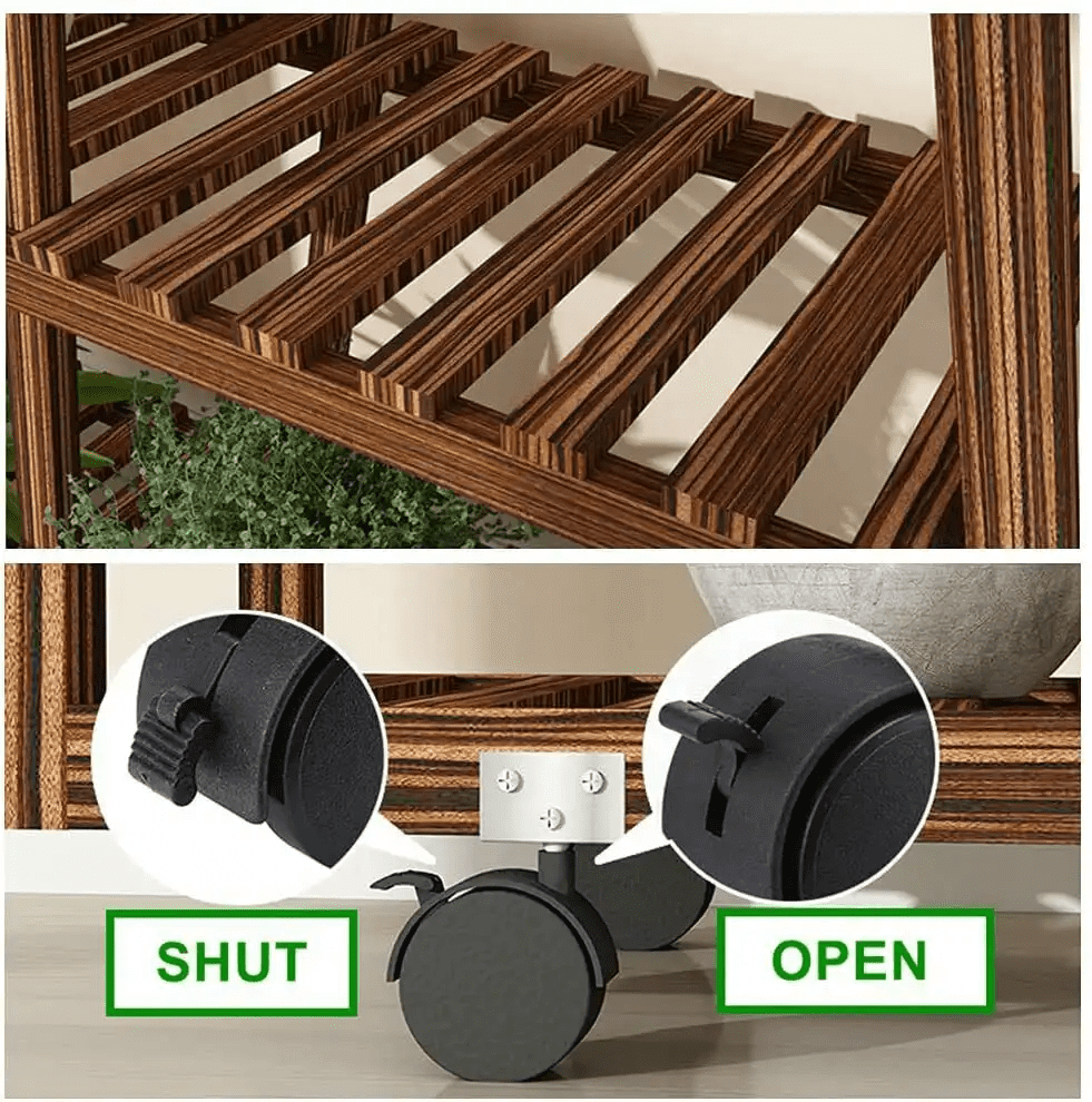 Magshion Pine Wood Plant Stand Garden Cart with Caster Tall Planters Flower Pot Shelf Display Rack