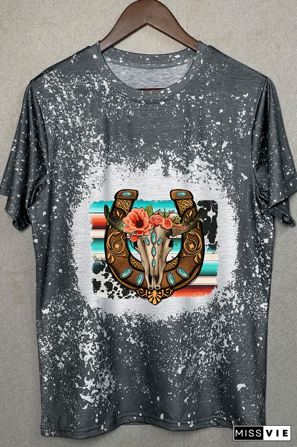 Horseshoe Floral Bull Skull Gemstone, Western Horseshoe Graphic Tee Wholesale