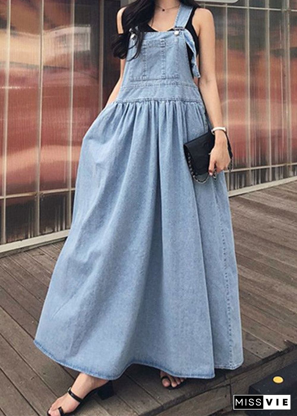 Diy Blue Slash Neck Wrinkled Pockets Denim Dress Sleeveless