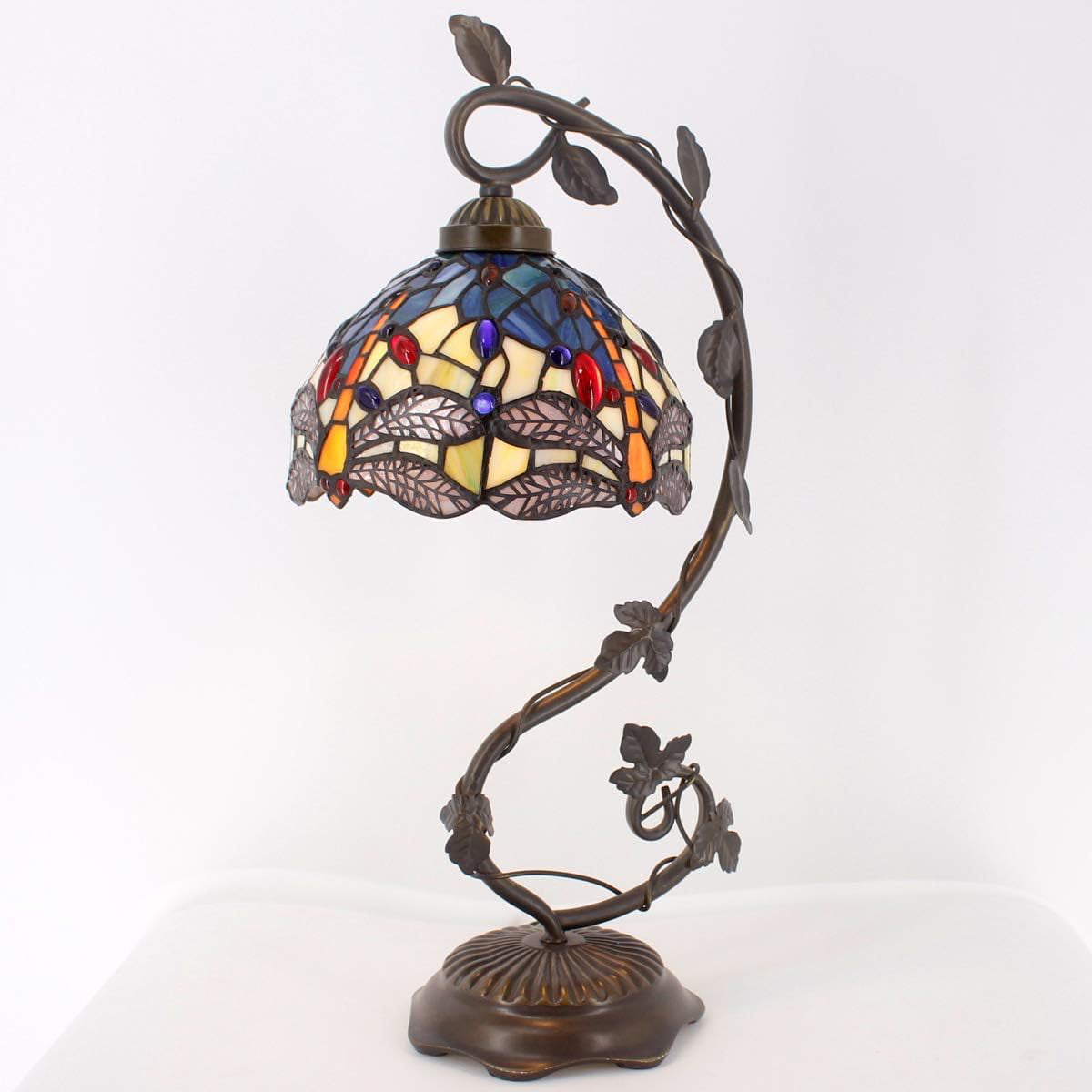 GEDUBIUBOO Tiffany Lamp Stained Glass Table Lamp Blue Yellow Dragonfly Style Desk Light Metal Leaf Base 8X10X21 Inches Decor Small Space Bedroom  Office S128 Series