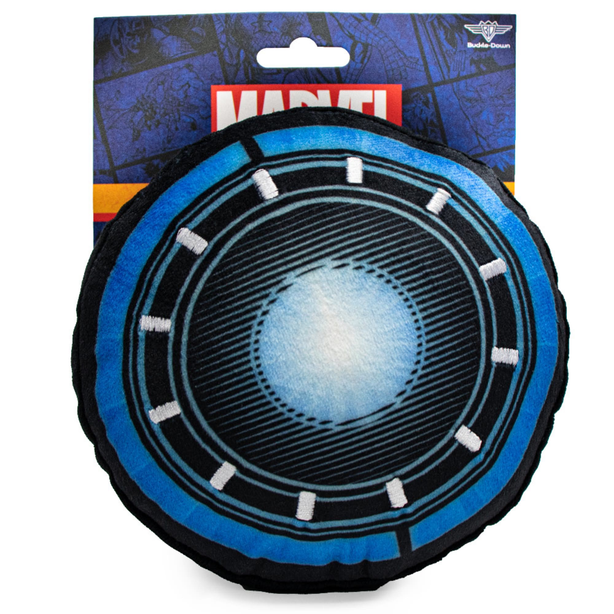 Buckle-Down Black/Blue Marvel Iron Man Arc Reactor Plush Squeaker Dog Toy， Small