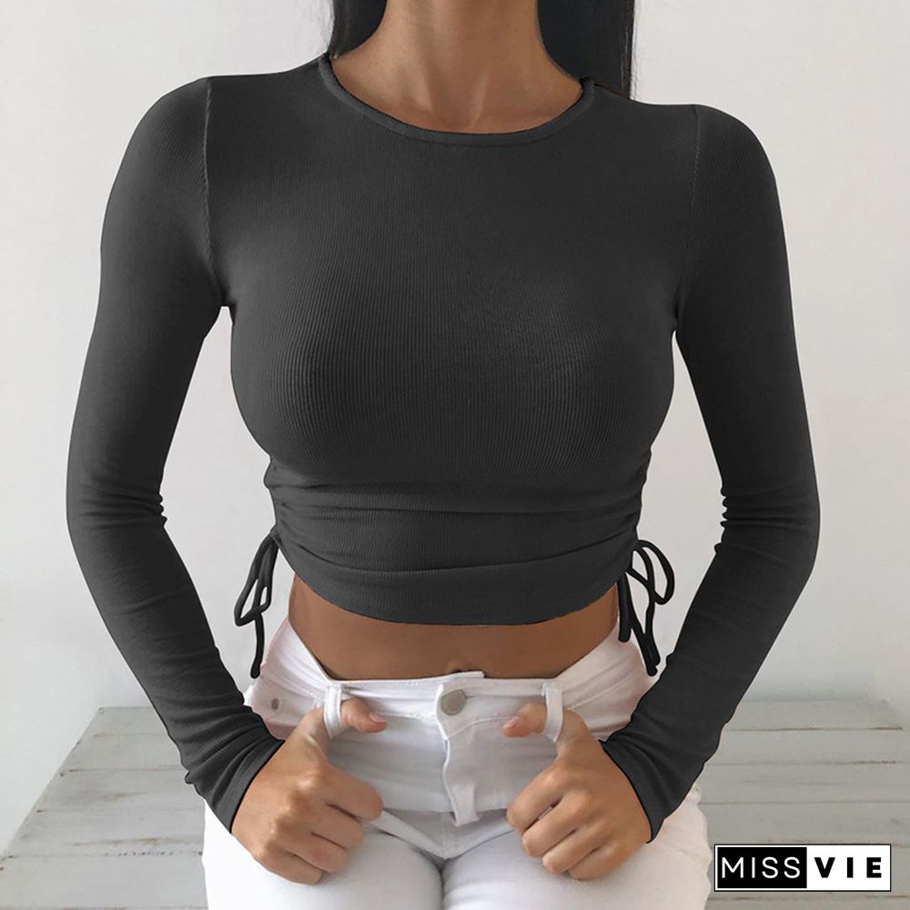 Sexy O-Neck Long Sleeve Bodycon Cropped Tops Autumn Women Irregular Drawstring Bandage Knitted Solid T-Shirt