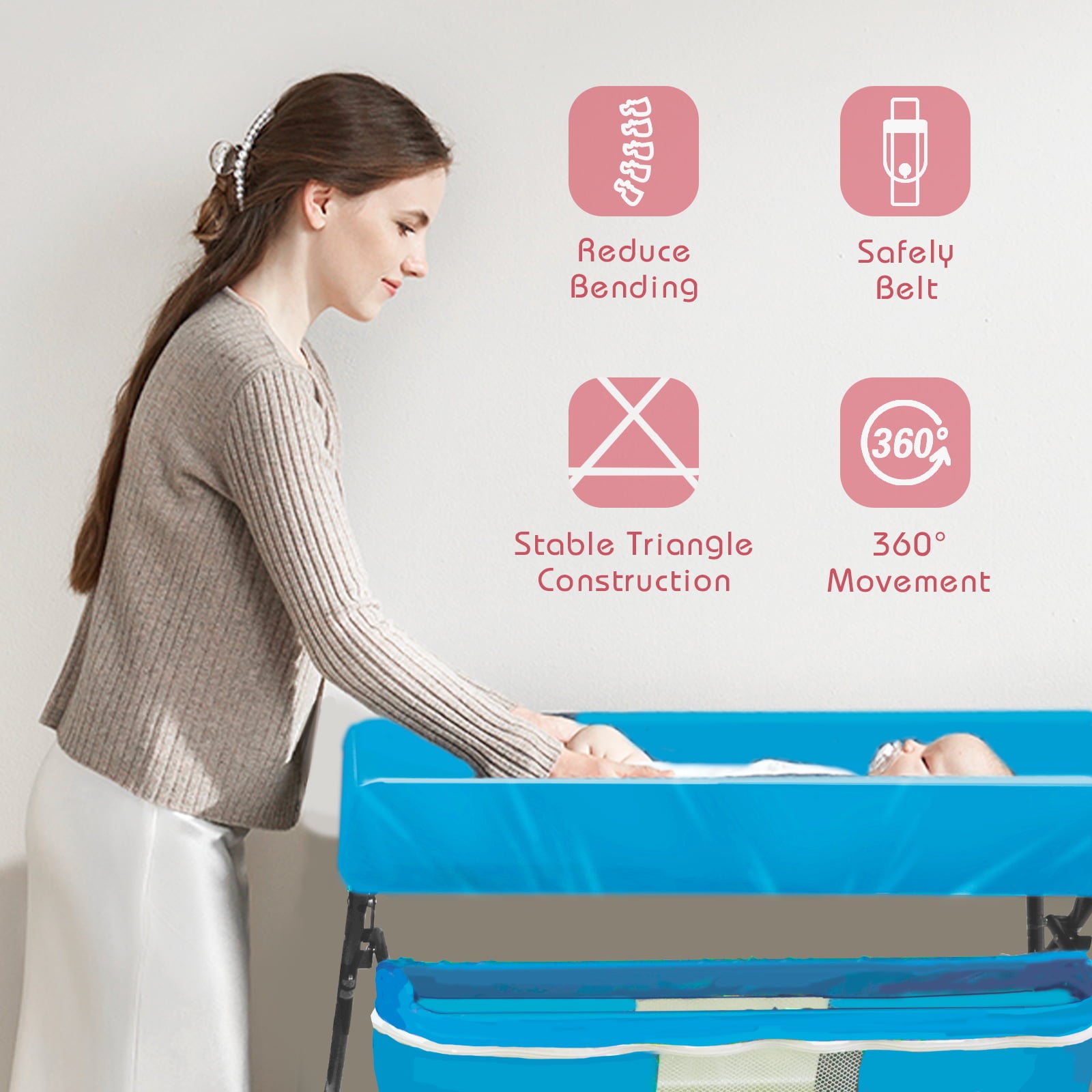 Baby Changing Tables Portable Folding Diaper Changing Station with Wheels, Height Adjustable Mobile Nursery Organizer with Hanging Toy, Safety Belt & Storage Racks for Newborn Baby Infant, Blue