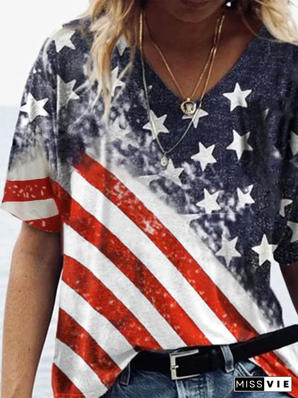 Flag V Neck Casual Short Sleeve Loosen T-Shirt