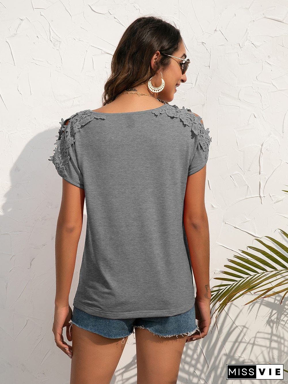 Shoulder Cutout Lace Sleeve Shirt