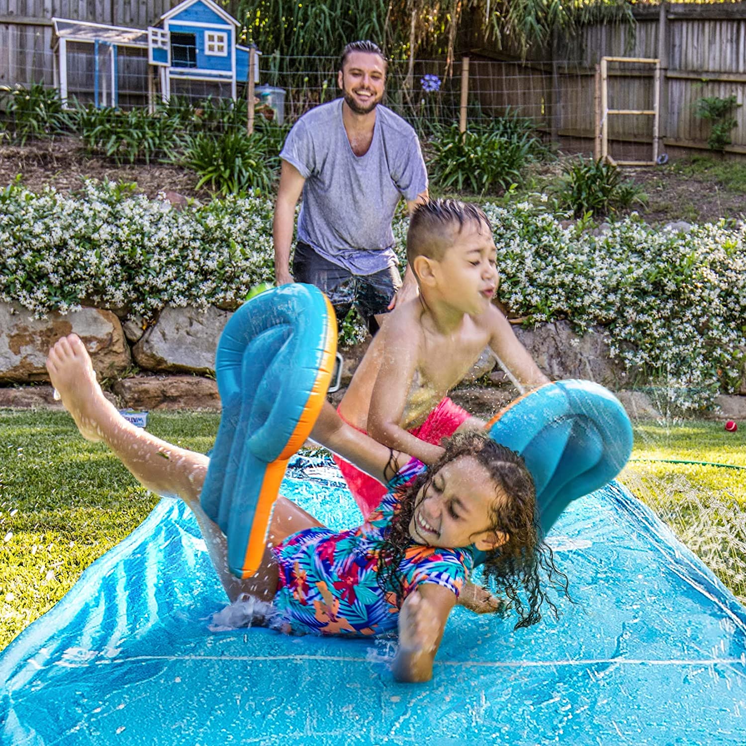 Lavinya Slip Patio Water Slide, 31ft Racing Slip with 2 Bodyboards & Water Sprayer in Both Side for Kids and Adults Summer Fun