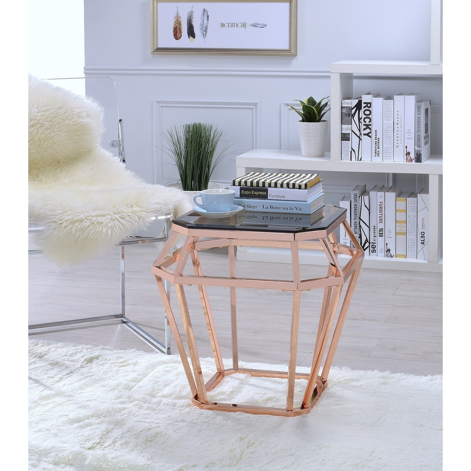 ACME Clifton End Table in Smoky Glass and Rose Gold